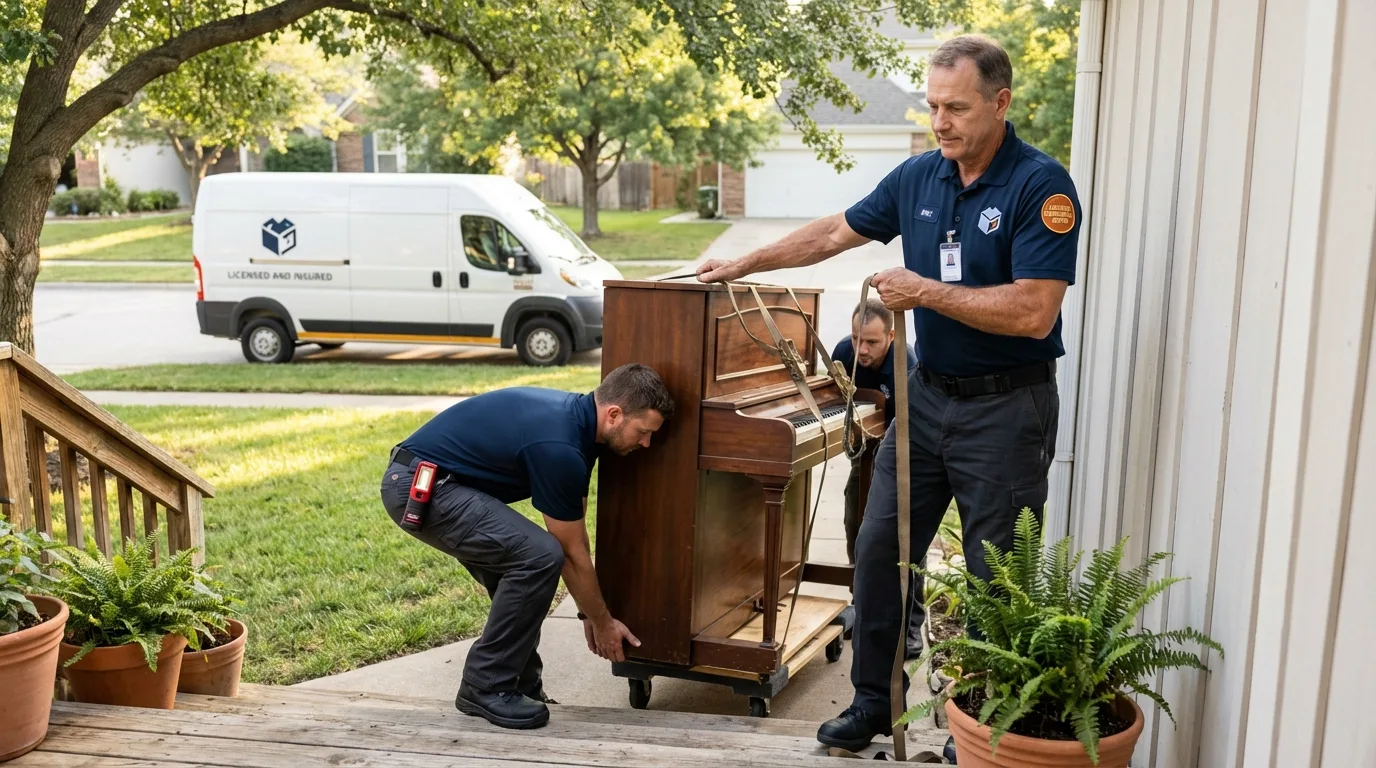 Licensed piano movers securing grand piano in West Covina, CA