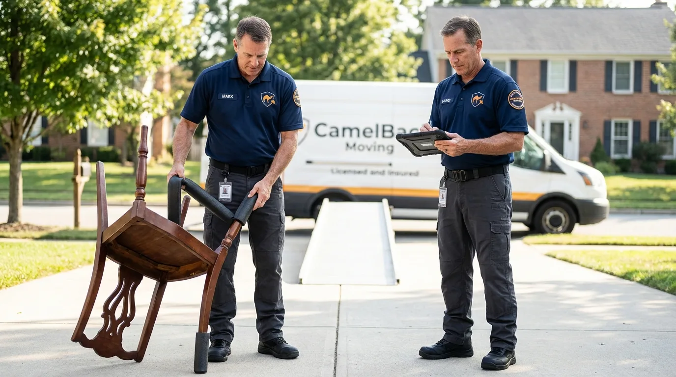 Movers inspecting furniture for damage prevention before loading in West Covina, CA