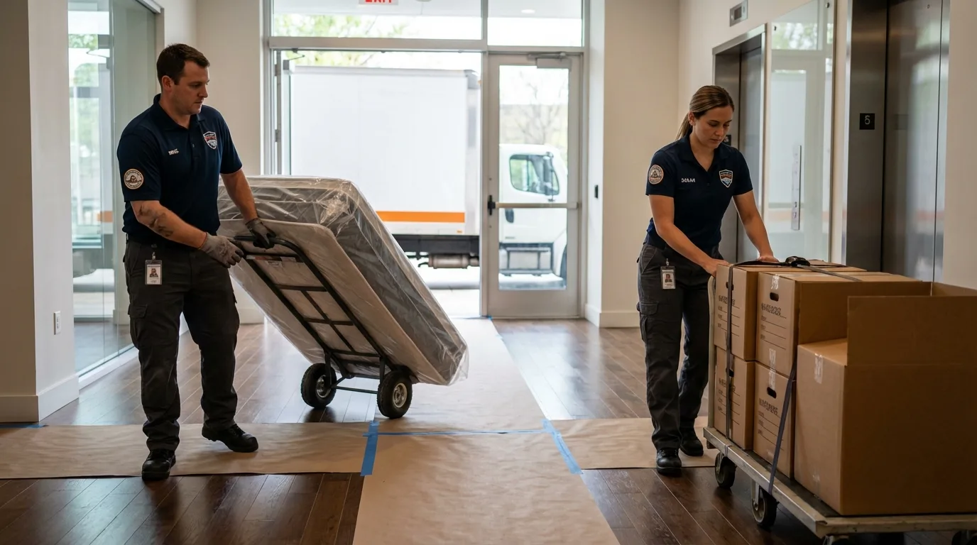 Professional apartment movers loading elevator in West Covina, CA